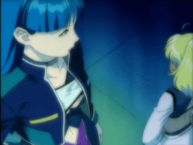 2girls, animated, animated_gif, bare_legs, blonde_hair, blue_hair, breasts, cleavage