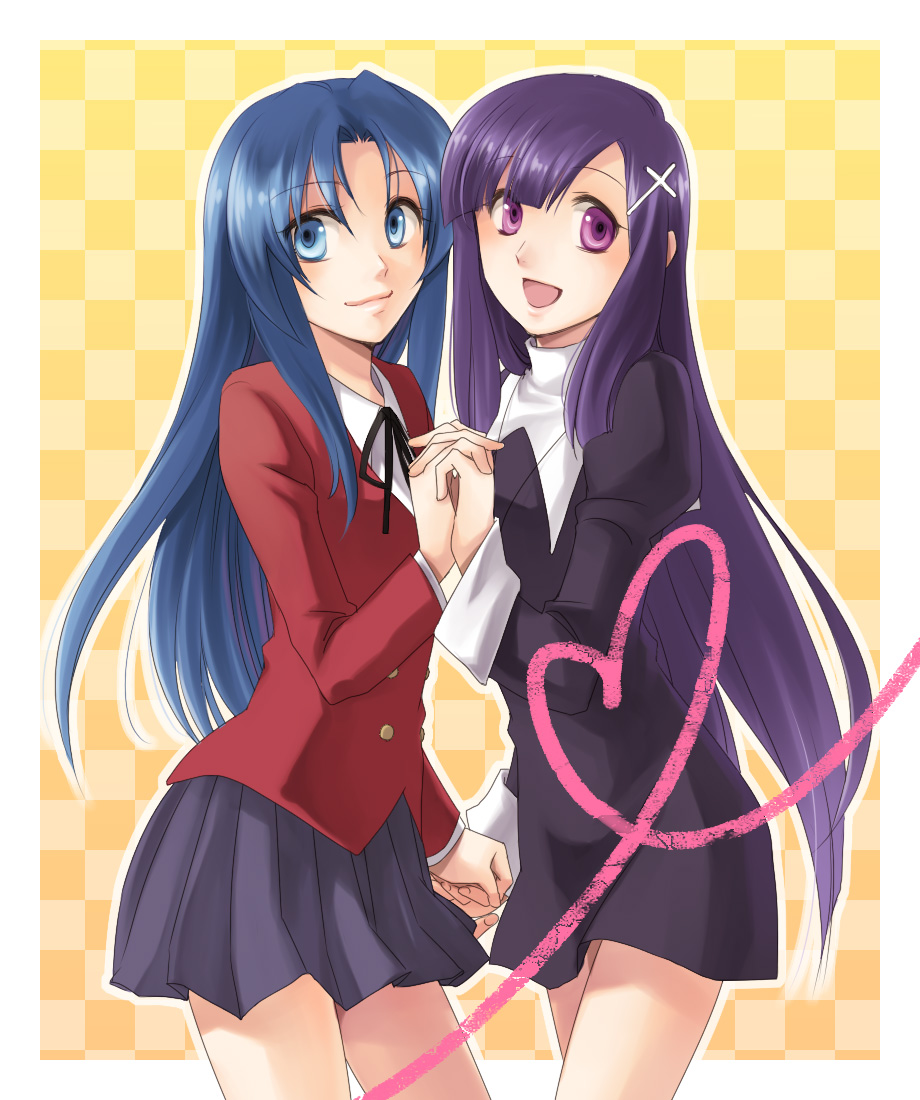 00s, 2girls, bad_id, bad_pixiv_id, blue_eyes, blue_hair, celestial_s, checkered_background