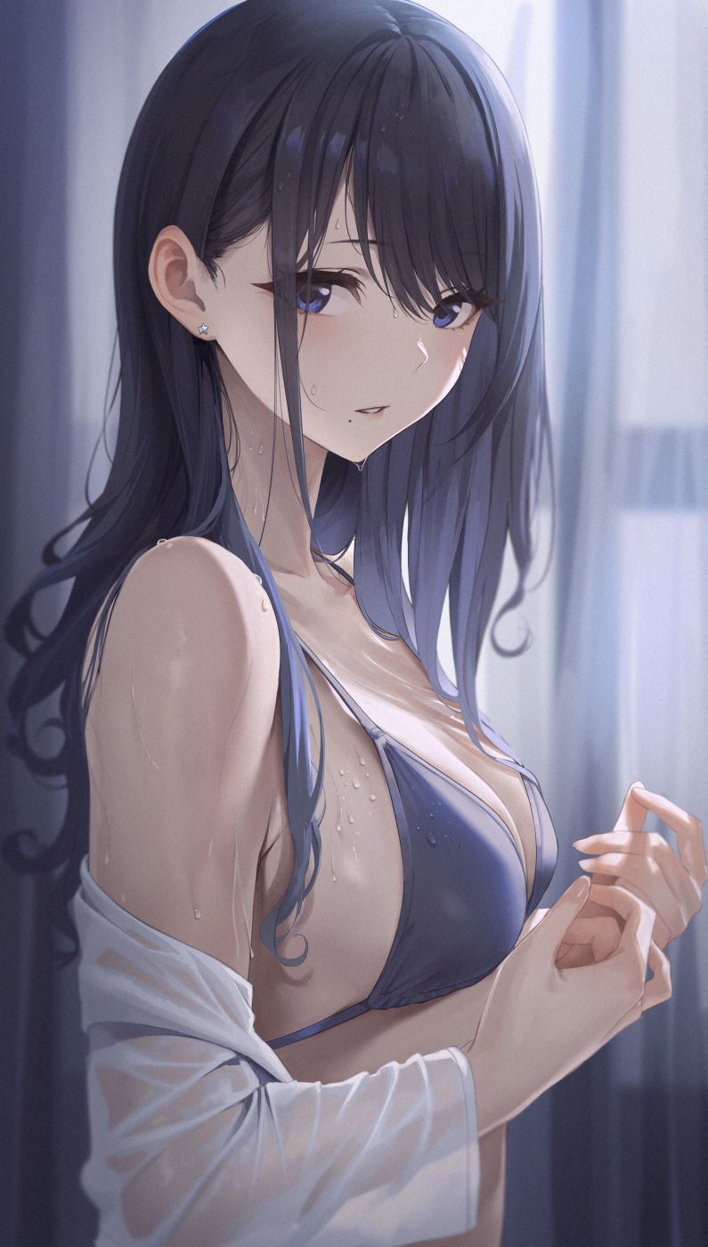 1girl, bare_shoulders, bikini, black_bikini, black_hair, blue_eyes, blush, breasts