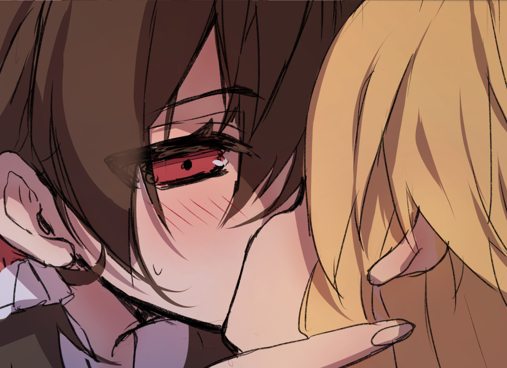 2girls, blonde_hair, blush, brown_hair, hair_between_eyes, hair_tubes, hakurei_reimu, hand_on_another's_head