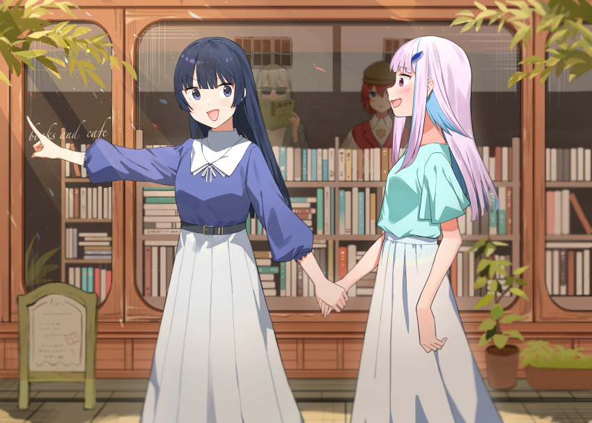 4girls, absurdres, ange_katrina, belt, black_belt, black_hair, blue_eyes, blue_hair