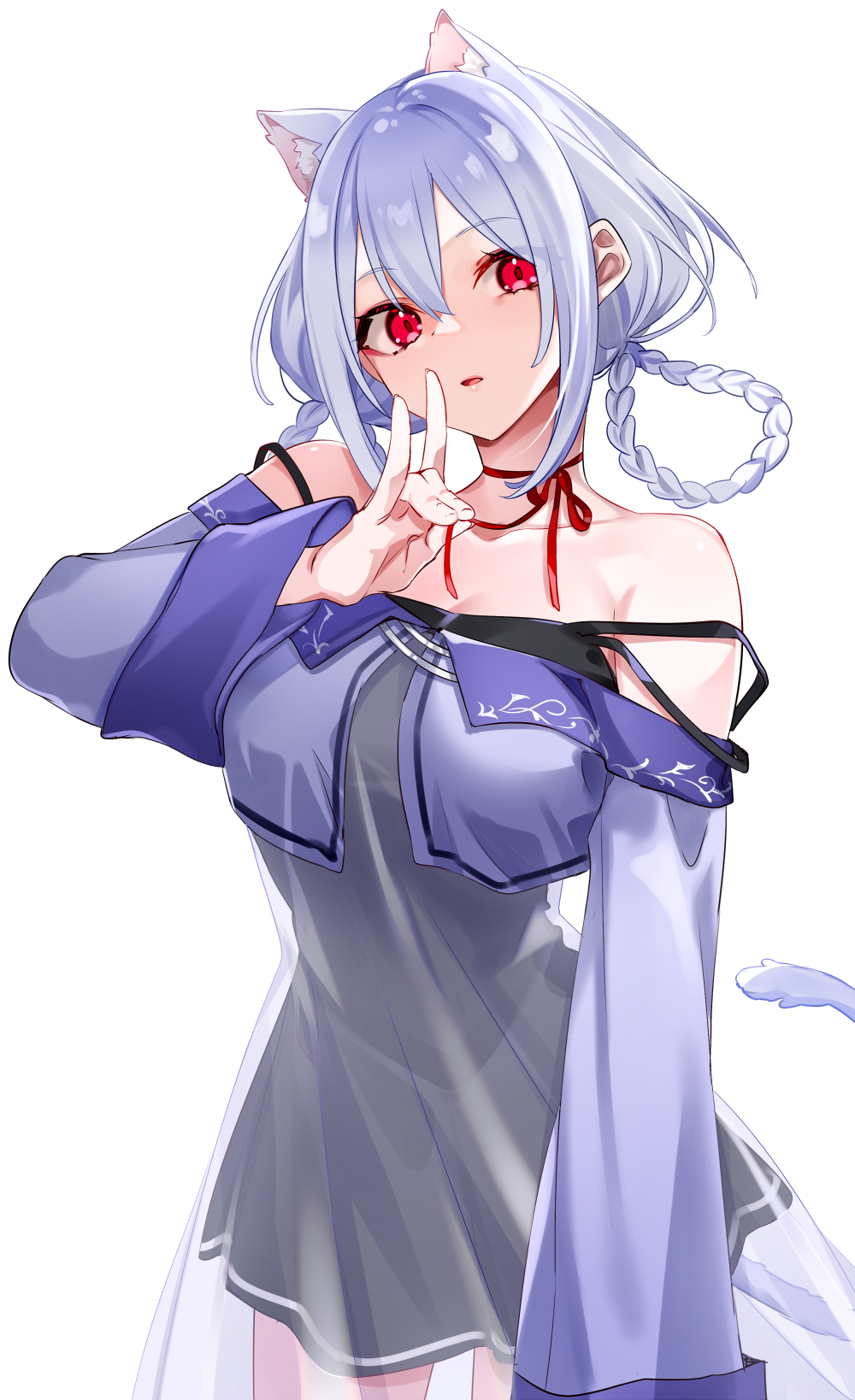 1girl, animal_ears, bare_shoulders, braid, cat_ears, cat_tail, dress, fox_shadow_puppet