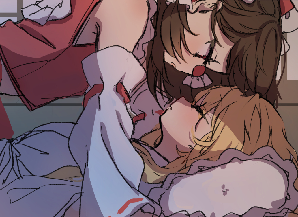 2girls, bare_shoulders, blonde_hair, blush, bow, brown_hair, closed_eyes, dress