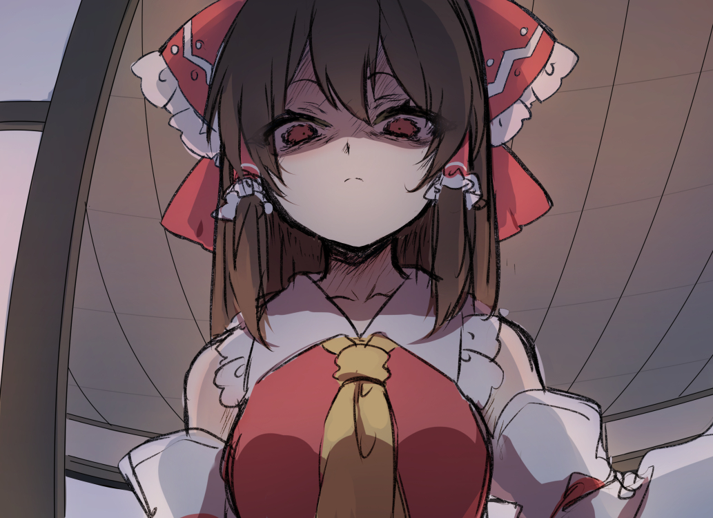 1girl, annoyed, bare_shoulders, bow, breasts, brown_hair, ceiling, closed_mouth