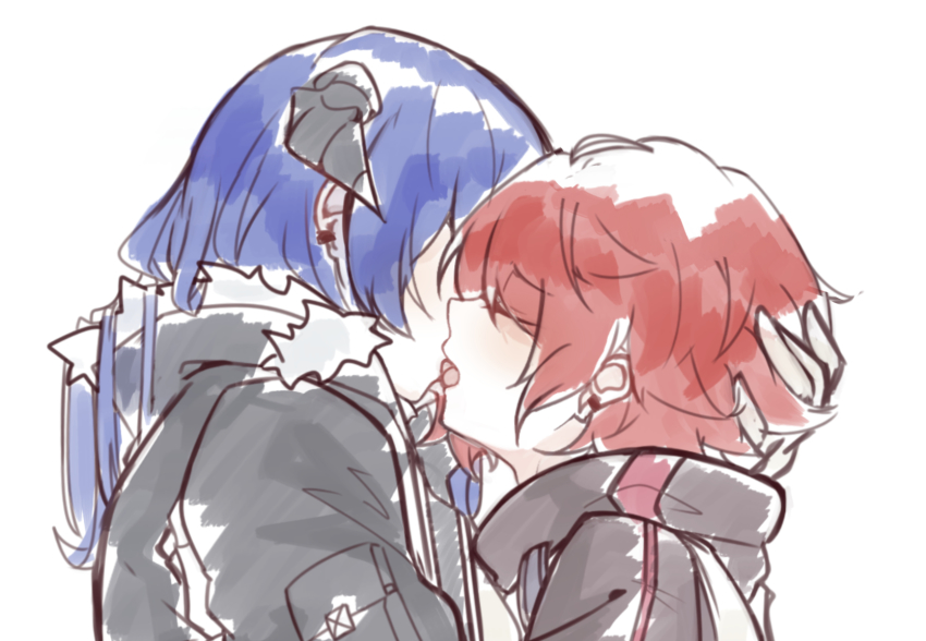 2girls, arknights, black_jacket, blue_hair, cheschorv, closed_eyes, commentary_request, demon_horns