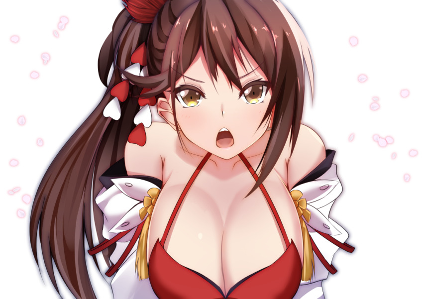 1girl, azur_lane, bare_shoulders, breasts, brown_hair, cleavage, dress, flower
