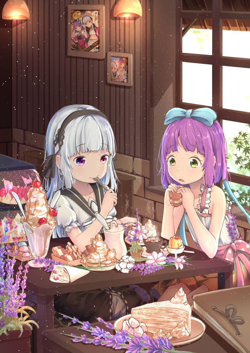 2girls, absurdres, blunt_bangs, brown_eyes, cherry, coffee, crepe, crepe_cake