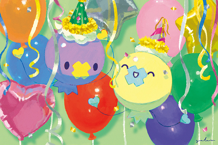 :d, alternate_color, balloon, closed_eyes, clothed_pokemon, commentary, confetti, drifloon