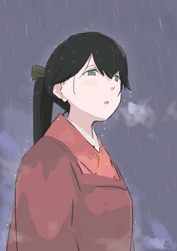 1girl, black_hair, blue_eyes, bow, cloud, cloudy_sky, commentary_request, dark_cloud