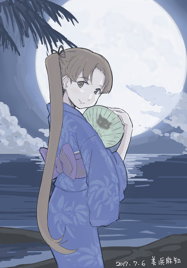 1girl, animal_print, ayanami_(kancolle), ayanami_(yukata)_(kancolle), ayanami_(yukata_mode)_(kancolle), beach, blue_kimono, bow