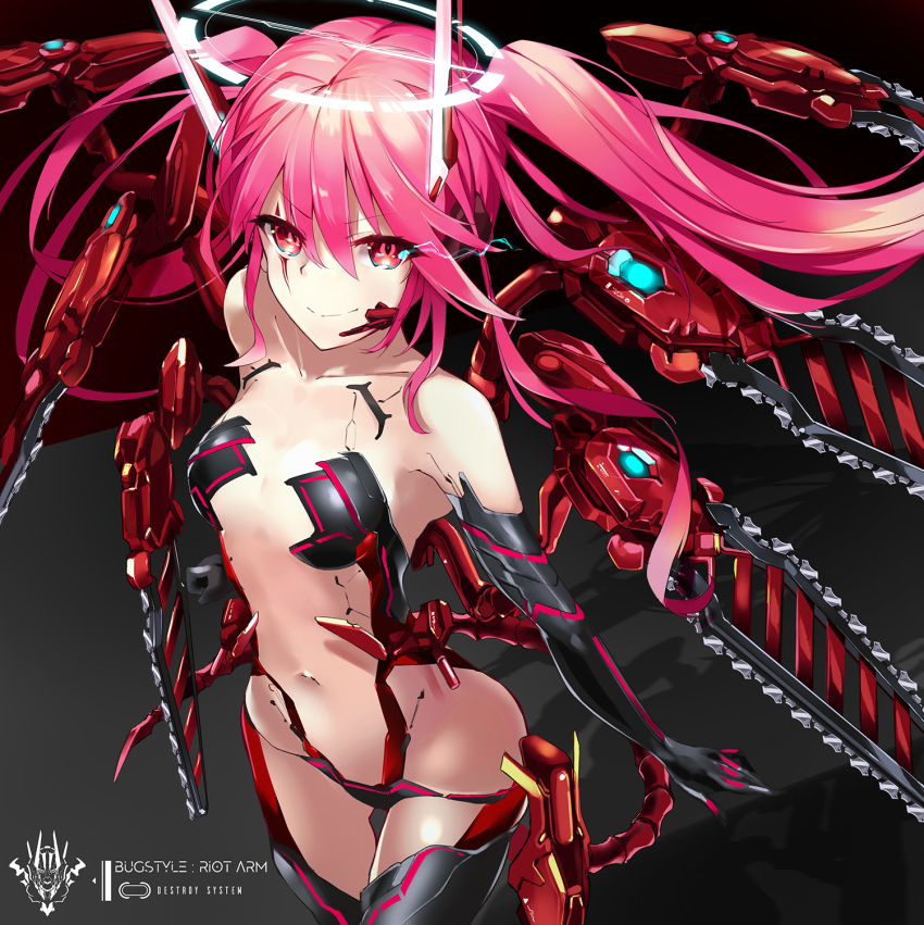 1girl, armor, bemani, bikini, bikini_armor, black_bikini, body_armor, breasts, chainsaw, collarbone, grace_(sound_voltex), grey_background, hair_between_eyes, hair_ornament, highres, kie_(yospcd), long_hair, looking_at_viewer, mecha_musume, mechanical_wings, navel, red_eyes, red_hair, sidelocks, simple_background, small_breasts, solo, sound_voltex, sound_voltex_iii_gravity_wars, swimsuit, twintails, wings