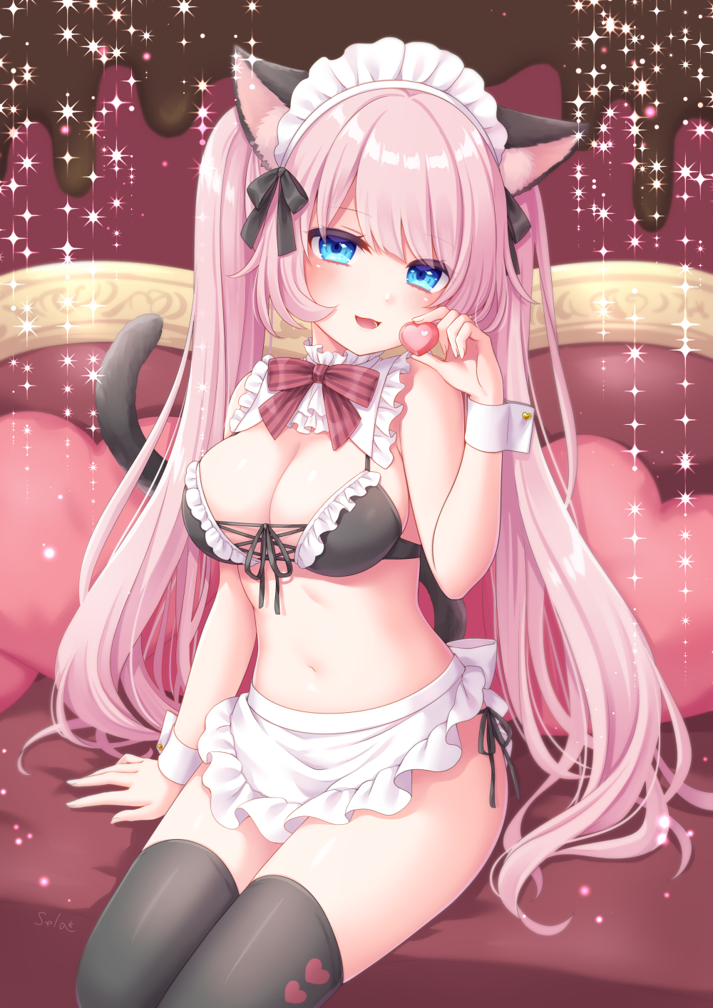 1girl, animal_ears, apron, artist_name, bikini, black_bikini, black_ribbon, black_thighhighs