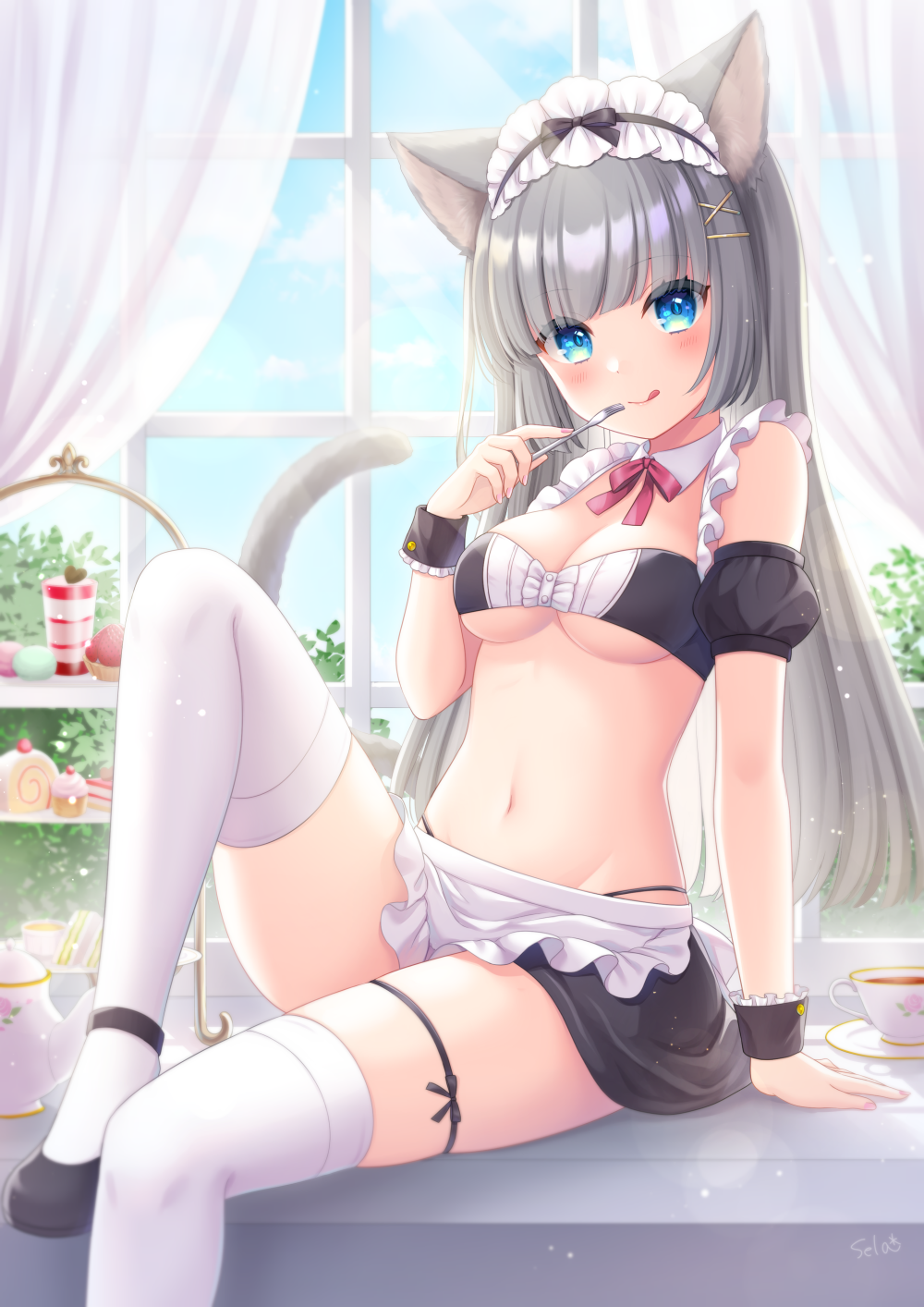 1girl, :q, animal_ears, apron, artist_name, black_shoes, black_skirt, blue_eyes, breasts, cake, cat_ears, cat_girl, cat_tail, commentary_request, cup, curtains, day, detached_collar, detached_sleeves, food, fork, frilled_apron, frilled_hairband, frills, hairband, highres, holding, holding_fork, indoors, knee_up, long_hair, looking_at_viewer, maid, maid_headdress, mary_janes, medium_breasts, midriff, miniskirt, nail_polish, navel, original, puffy_short_sleeves, puffy_sleeves, shoes, short_sleeves, signature, silver_hair, sitting_in_window, skirt, smile, solo, stardrop, sweets, tail, tea, teacup, teapot, thigh_strap, thighhighs, tongue, tongue_out, underboob, white_thighhighs, window, windowsill, wrist_cuffs