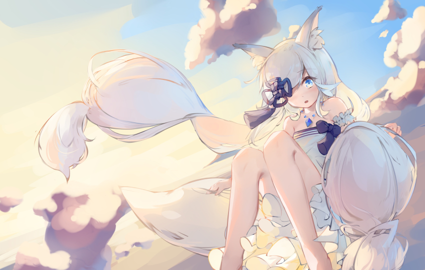 1girl, absurdres, animal_ears, azur_lane, blue_eyes, dress, fox_ears, fox_girl