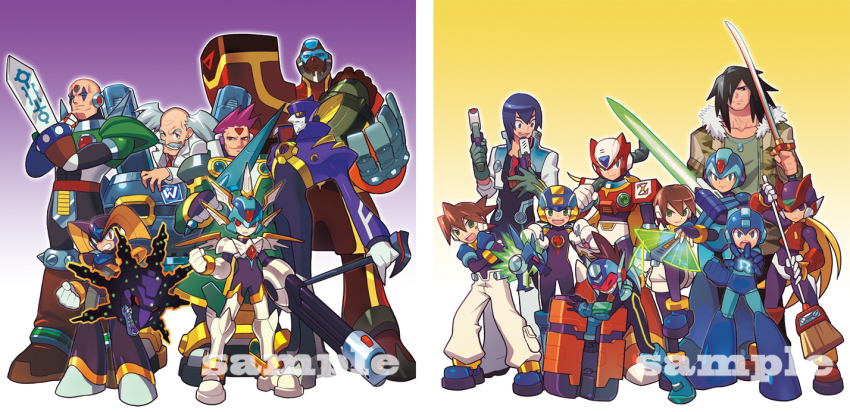 1girl, 6+boys, :d, a.c._eos_(mega_man), aile_(mega_man_zx), android, animal_hands, arm_blade