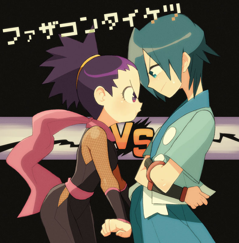1boy, 1girl, blue_eyes, blue_hair, falkner_(pokemon), fishnets, gym_leader, hair_ornament, hairclip, janine_(pokemon), japanese_clothes, kimono, makino_(c-electro), masano, ninja, nintendo, parody, pokemon, pokemon_heartgold_and_soulsilver, profile, purple_eyes, purple_hair, rivalry, scarf, sweat, vs
