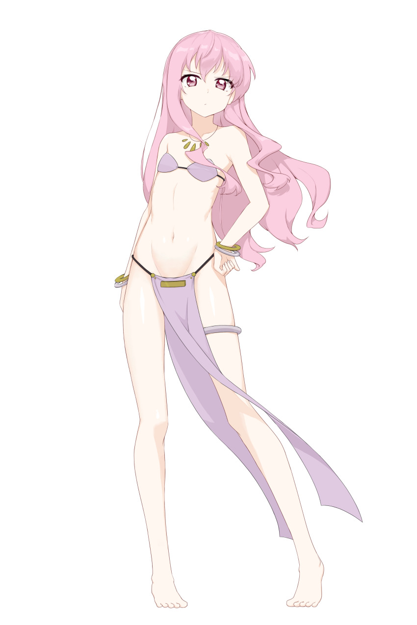 1girl, absurdres, bare_arms, bare_shoulders, barefoot, bracelet, dancer, female_focus, flat_chest, full_body, hair_between_eyes, hand_on_own_hip, harem_outfit, highres, jewelry, loincloth, long_hair, long_legs, louise_francoise_le_blanc_de_la_valliere, matching_hair/eyes, midriff, navel, necklace, pants, pelvic_curtain, pink_eyes, pink_hair, ribbonsnek, simple_background, solo, wavy_hair, white_background, zero_no_tsukaima