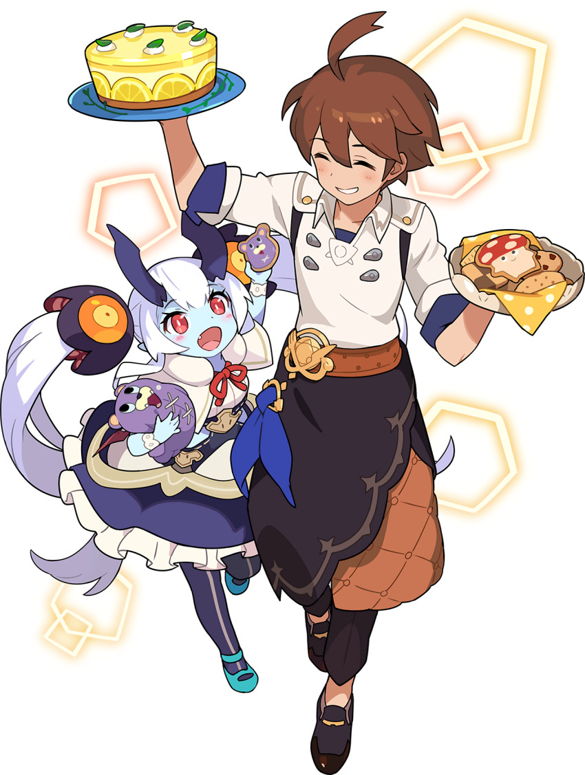 1boy, 1girl, ^_^, ahoge, alk_(world_flipper), apron, arm_up, artist_request, arum_(world_flipper), belt, black_apron, black_footwear, black_pants, blue_footwear, blue_ribbon, blue_skin, blush, blush_stickers, brown_hair, cake, capelet, checkerboard_cookie, cheesecake, chef, child, chocolate_chip_cookie, closed_eyes, collarbone, collared_shirt, colored_skin, cookie, demon_girl, fang, flat_chest, food, frilled_skirt, frills, fruit, full_body, grin, hand_up, happy, highres, holding, holding_food, holding_plate, holding_stuffed_toy, horns, leg_up, lemon, lemon_slice, long_hair, looking_at_another, looking_up, non-web_source, objectification, official_art, open_mouth, pants, pantyhose, plate, pointy_ears, purple_horns, purple_pantyhose, purple_skirt, red_eyes, ribbon, shirt, shoes, short_hair, shroombo_(world_flipper), sidelocks, skirt, smile, standing, standing_on_one_leg, stitches, striped_clothes, striped_pantyhose, stuffed_animal, stuffed_toy, teddy_bear, teeth, transparent_background, twintails, undershirt, vertical-striped_clothes, vertical-striped_pantyhose, very_long_hair, waist_apron, white_capelet, white_hair, white_shirt, world_flipper, wrist_cuffs