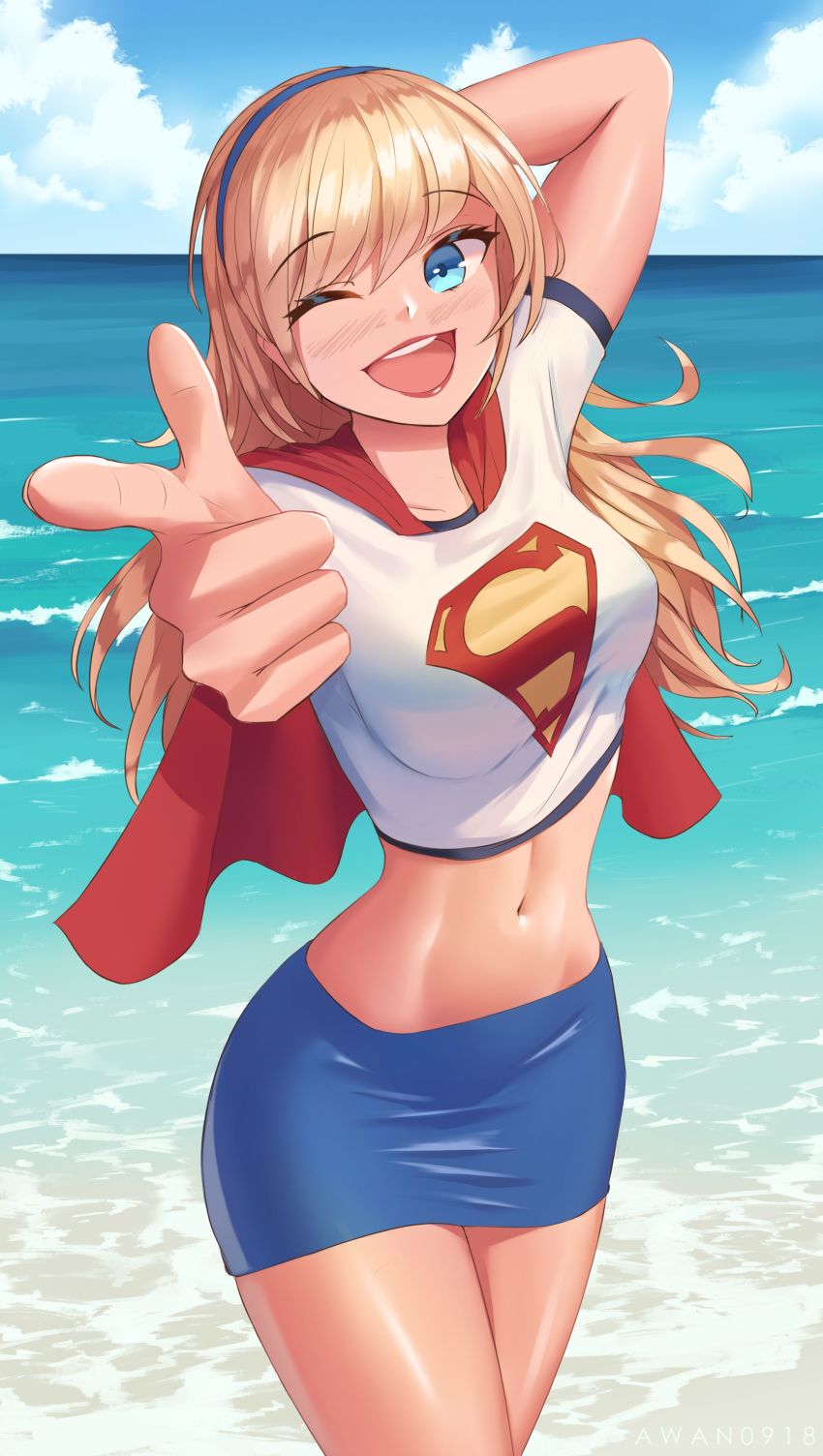 1girl, abs, absurdres, awan0918, beach, blonde_hair, blue_eyes, blue_sky, cape, cloud, cloudy_sky, dc_comics, hairband, highres, miniskirt, navel, ocean, one_eye_closed, pointing, skirt, sky, solo, supergirl, superhero_costume, superman:_the_animated_series, superman_(series), western_comics_(style)