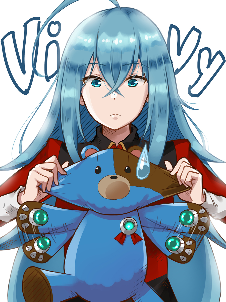 1girl, ahoge, akane_(akanene928), bear, blue_eyes, blue_hair, character_name, closed_mouth