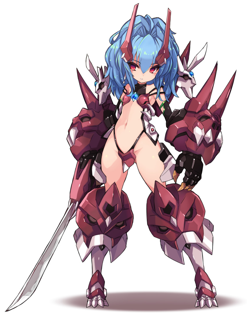 1girl, alfimi, armor, bikini_armor, blue_hair, breasts, fangs, gauntlets, high_ponytail, highres, holding, holding_sword, holding_weapon, horn_ornament, horns, karukan_(monjya), katana, long_hair, looking_to_the_side, mecha_musume, navel, original, ponytail, red_eyes, revealing_clothes, shiny_skin, simple_background, small_breasts, solo, standing, stomach, super_robot_wars, super_robot_wars_original_generation, sword, thong, very_long_hair, weapon, white_background
