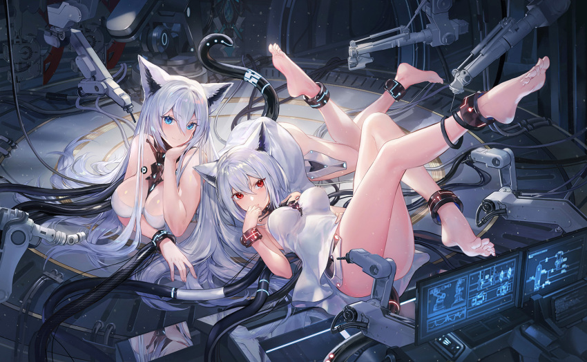 2girls, anklet, artery_gear, atdan, bare_legs, bare_shoulders, barefoot, between_breasts