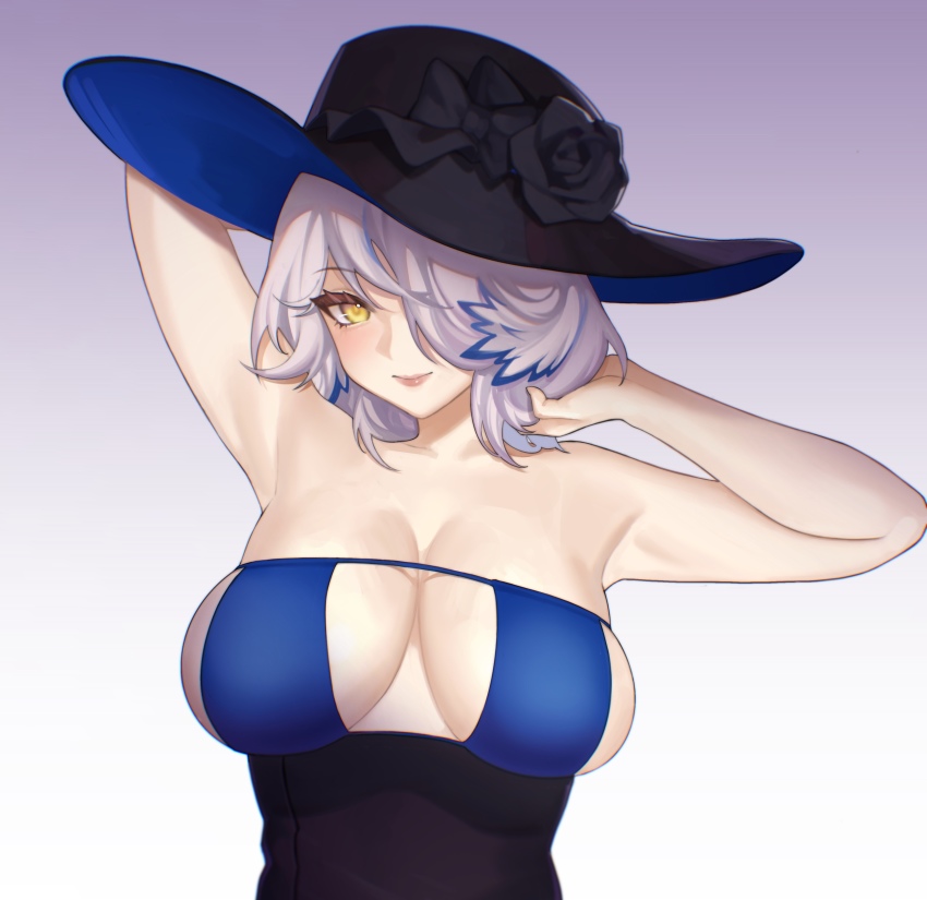 1girl, absurdres, arknights, armpits, arms_up, bad_id, bad_pixiv_id, bikini