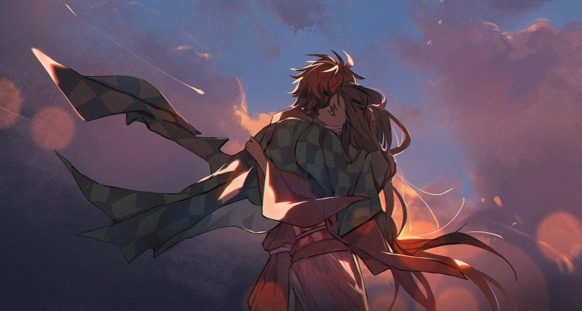 awkwardtomato, brother_and_sister, brown_hair, cloud, cloudy_sky, evening, haori, japanese_clothes, kamado_nezuko, kamado_tanjirou, kimetsu_no_yaiba, kimono, long_hair, pink_eyes, siblings, sky