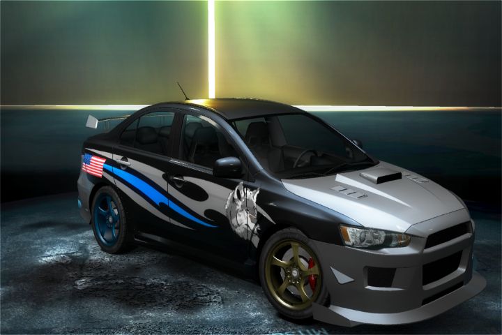 american_flag, car, car_show, customized, front, link, mitsubishi, mitsubishi_lancer, mitsubishi_lancer_evo_x, motor_vehicle, need_for_speed:_undercover, nintendo, no_humans, the_legend_of_zelda, the_legend_of_zelda:_twilight_princess, wolf, wolf_link