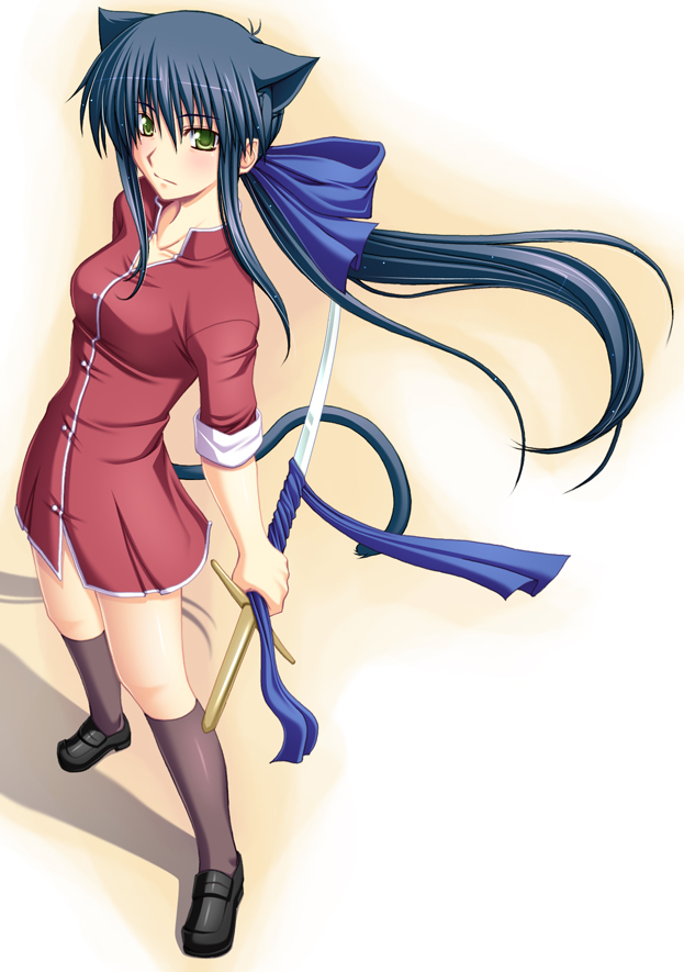 1girl, animal_ears, black_hair, bow, cat_ears, cat_tail, female_focus, green_eyes, hair_bow, kakitsubata, kakitsubata_(ashi_ga_chi_ni_tsukanai), kanon, kawasumi_mai, long_hair, red_skirt, school_uniform, skirt, solo, sword, tail, weapon