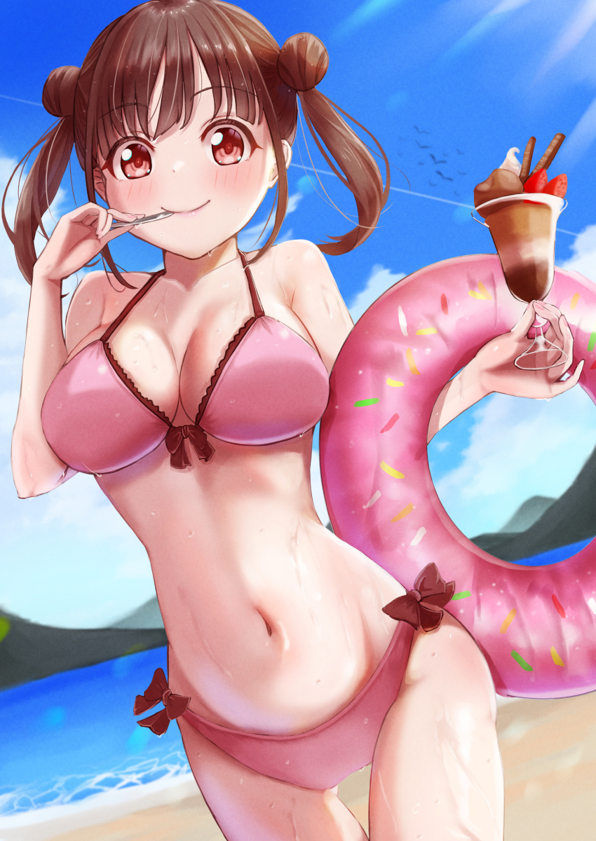 1girl, absurdres, beach, belly, bikini, bird, blush, brown_eyes, brown_hair, crow, donut_innertube, eating, floats, floaty, food, gyo_hasu, highres, ice_cream, idolmaster, idolmaster_shiny_colors, innertube, looking_at_viewer, mountain, ocean, parfait, pink_bikini, side-tie_bikini_bottom, sky, smile, solo, sonoda_chiyoko, spoon, stomach, swim_ring, swimsuit, tagme