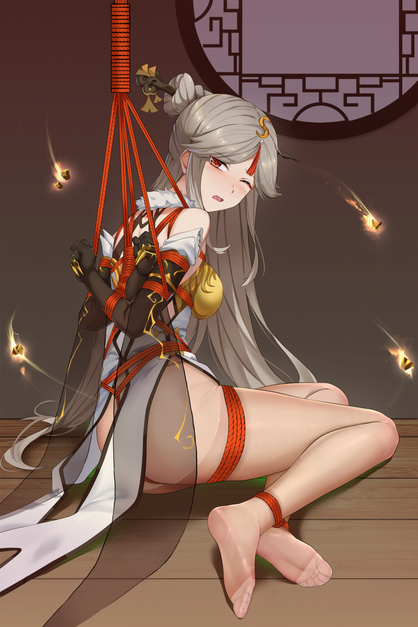 1girl, arms_behind_back, bare_shoulders, bdsm, black_gloves, blush, bondage, bound