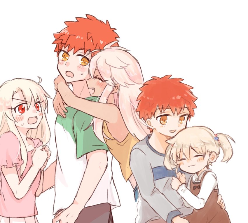 1boy, 2girls, :3, ahoge, blush_stickers, chloe_von_einzbern, commentary_request, emiya_shirou