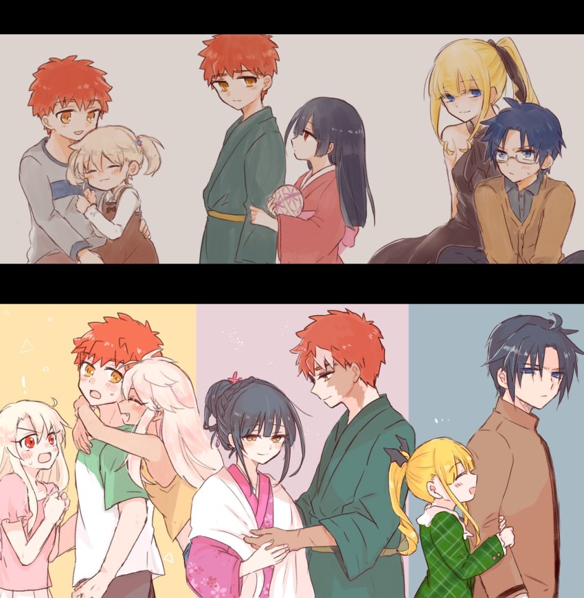 3boys, 4girls, age_progression, aged_down, ball, black_hair, blonde_hair, blue_eyes, blue_hair, blush, brother_and_sister, chloe_von_einzbern, commentary_request, dual_persona, emiya_shirou, emiya_shirou_(prisma_illya), erica_ainsworth, fate/kaleid_liner_prisma_illya, fate_(series), floral_print, highres, holding, holding_another's_arm, holding_ball, hug, hug_from_behind, illyasviel_von_einzbern, japanese_clothes, julian_ainsworth, kimono, looking_at_another, miyu_edelfelt, multicolored_hair, multiple_boys, multiple_girls, orange_hair, ponytail, red_eyes, saihara, sakatsuki_miyu, scar, scar_on_face, siblings, smile, streaked_hair, sweatdrop, twintails, white_hair, yellow_eyes