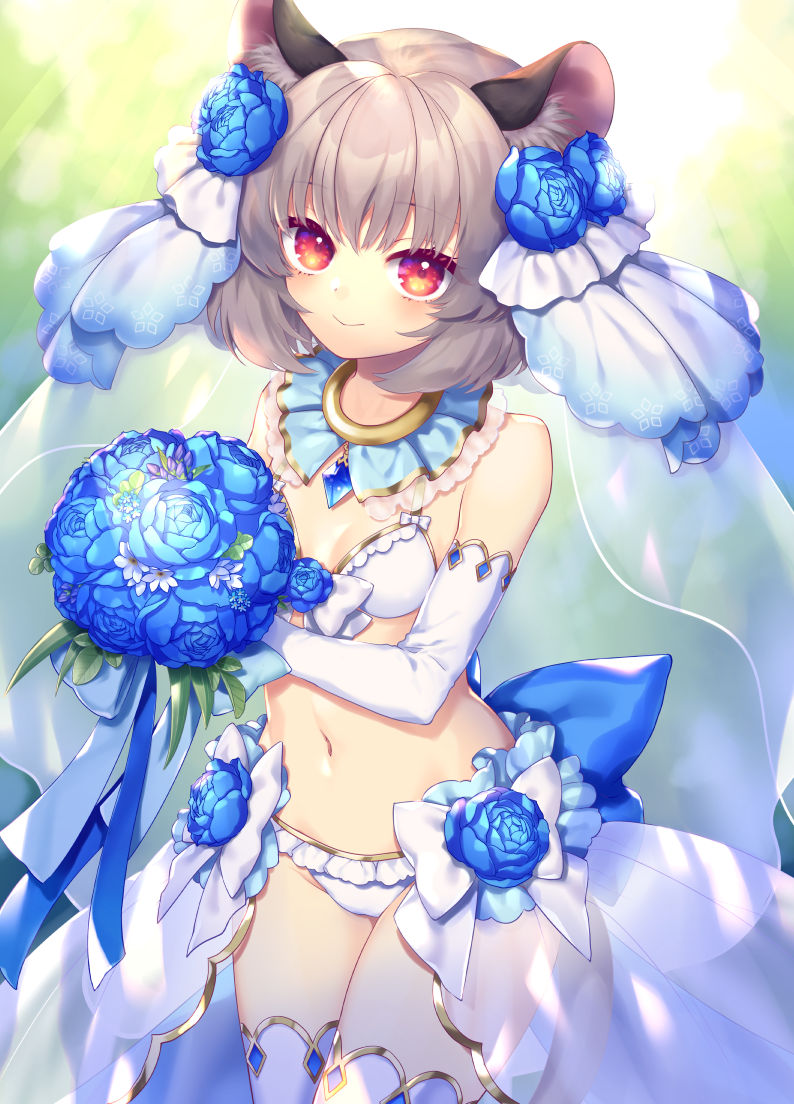 1girl, animal_ears, bikini, blue_capelet, blue_flower, bouquet, bow, breasts