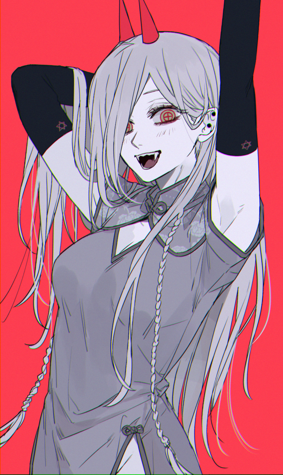 +_+, 1girl, alternate_costume, armpits, arms_up, blush, braid, breasts, chainsaw_man, china_dress, chinese_clothes, cleavage, commentary, cross-shaped_pupils, demon_horns, dress, ear_piercing, ebanoniwa, elbow_gloves, eyelashes, fangs, gloves, greyscale, hand_in_own_hair, hexagram, highres, horns, long_hair, looking_at_viewer, medium_breasts, monochrome, open_mouth, parted_bangs, piercing, power_(chainsaw_man), red_background, red_eyes, side_slit, simple_background, smile, solo, spot_color, symbol-shaped_pupils, twin_braids, upper_body