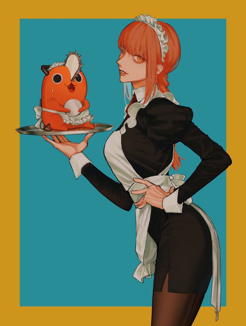 1girl, alternate_costume, apron, black_dress, black_pantyhose, blue_background, braid, braided_ponytail, breasts, chainsaw, chainsaw_man, commentary, cowboy_shot, dress, enmaided, from_side, hair_between_eyes, hand_on_own_hip, highres, holding, holding_tray, iamthekingofegg, juliet_sleeves, lips, long_hair, long_sleeves, maid, maid_apron, maid_headdress, makima_(chainsaw_man), medium_breasts, pantyhose, pochita_(chainsaw_man), profile, puffy_sleeves, red_hair, ringed_eyes, side_slit, simple_background, smile, sweatdrop, taut_clothes, taut_dress, tray, two-tone_background, white_apron, wrist_cuffs, yellow_background, yellow_eyes