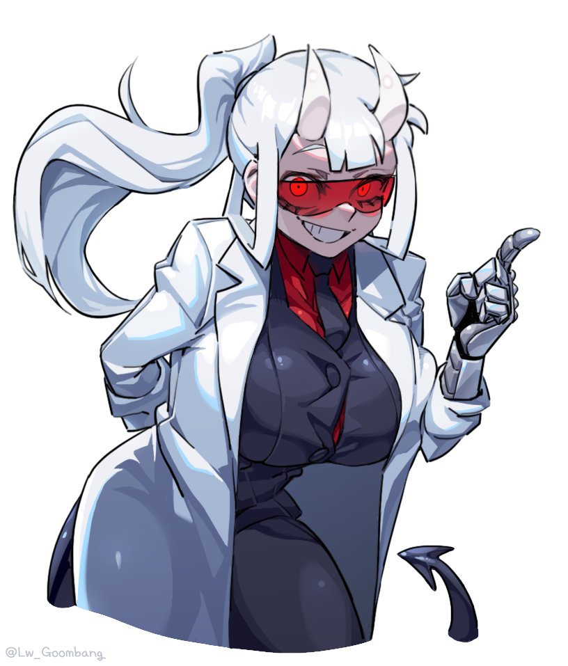 1girl, arm_behind_back, breasts, coat, collared_shirt, commentary, cowboy_shot, demon_girl