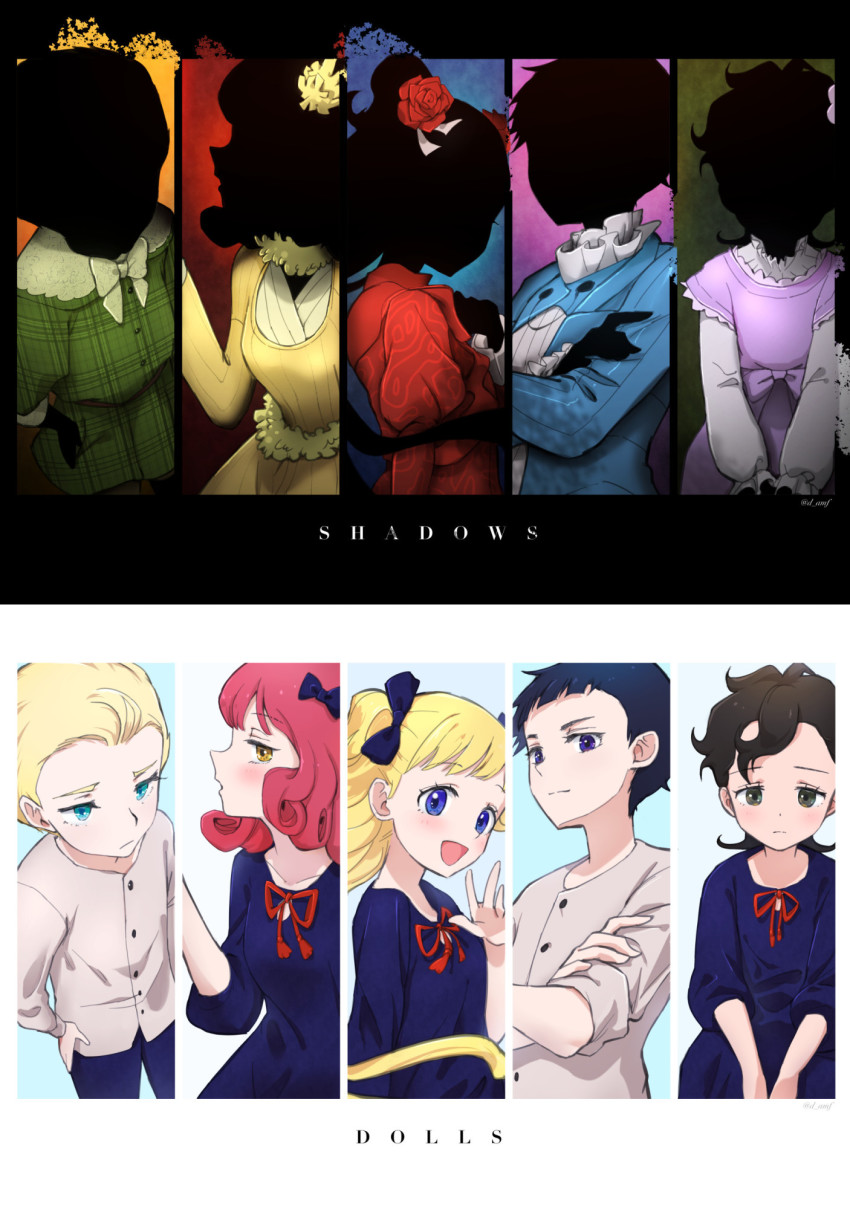4boys, 6+girls, asksj, black_bow, black_eyes, black_hair, blonde_hair, blue_dress, blue_eyes, blue_hair, blue_jacket, bow, crossed_arms, dress, emilico_(shadows_house), english_text, flower, frown, green_shirt, hair_bow, hair_flower, hair_ornament, hand_on_own_chest, highres, jacket, john_(shadows_house), kate_(shadows_house), looking_at_viewer, looking_down, lou_(shadows_house), louise_(shadows_house), multiple_boys, multiple_girls, patrick_(shadows_house), profile, purple_dress, ram_(shadows_house), red_dress, red_flower, red_hair, ricky_(shadows_house), rose, shadows_house, shaun_(shadows_house), shirley_(shadows_house), shirt, smile, twintails, upper_body, white_shirt, yellow_dress, yellow_eyes, yellow_flower