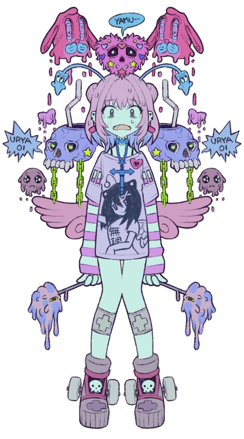 1girl, drinking_straw, earrings, fang, full_body, highres, holding, idolmaster, idolmaster_cinderella_girls, jewelry, medium_hair, mepuizumi, no_nose, open_mouth, pink_hair, simple_background, solo, standing, white_background, yumemi_riamu