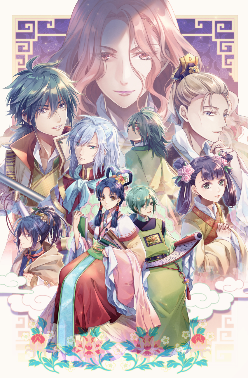 3girls, 6+boys, absurdres, blue_eyes, blue_hair, cloud, everyone, feixianji_(hairstyle)