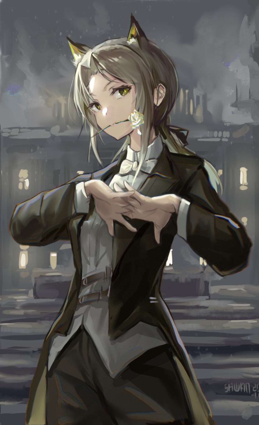 1girl, animal_ears, arknights, black_jacket, black_pants, bow, bowtie, cowboy_shot