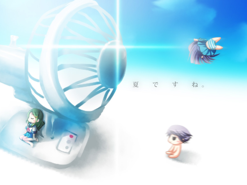 00s, 3girls, asakura_ryoko, chibi, electric_fan, fanning_face, flying, green_hair, kimidori_emiri, long_hair, minase_kuuru, mini_person, minigirl, multiple_girls, nagato_yuki, nude, panties, purple_hair, school_uniform, serafuku, sleeping, striped_clothes, striped_panties, suzumiya_haruhi_no_yuuutsu, translation_request, underwear