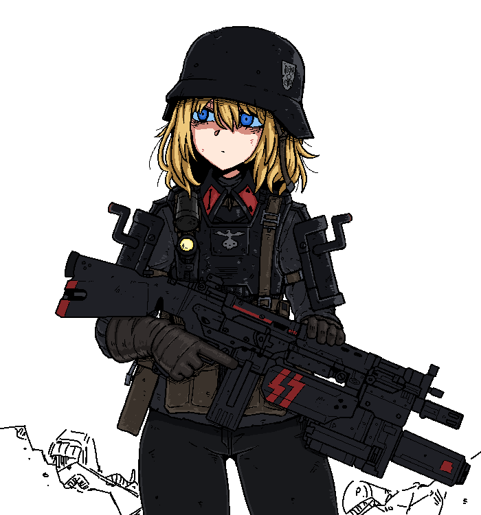 1girl, ammunition_pouch, averting_eyes, bags_under_eyes, black_headwear, black_jacket, black_pants, blonde_hair