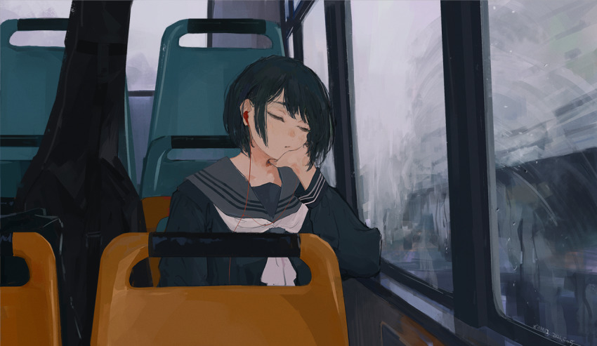 1girl, arm_support, artist_name, bag, black_hair, black_serafuku, bob_cut, bus_interior