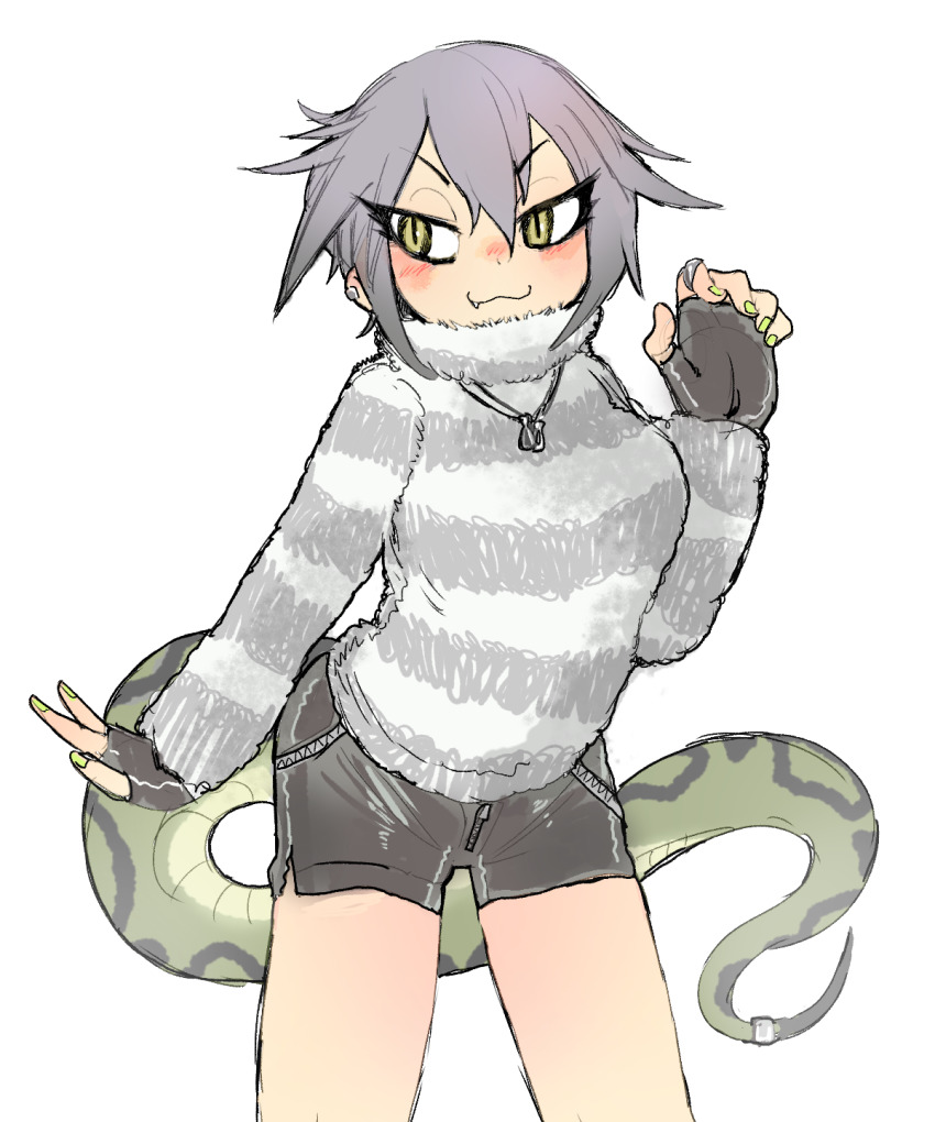 1girl, :3, alternate_costume, blush, closed_mouth, earclip, eyelashes, fang