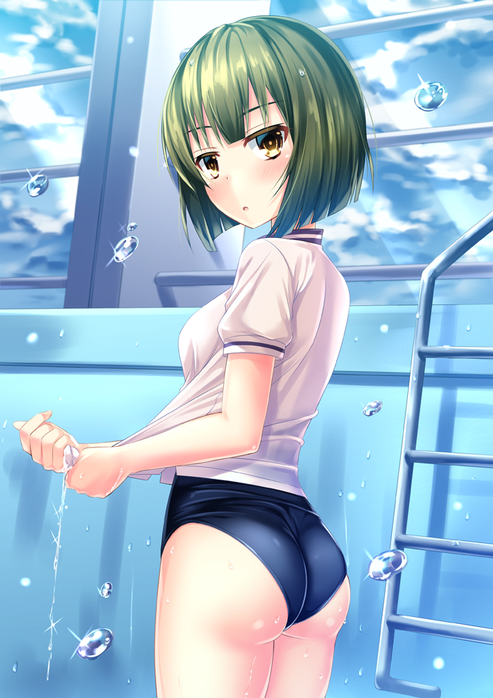 ass, ban_tsugumi, blush, bob_cut, commentary, cowboy_shot, dress, empty_pool, green_hair, gym_shirt, hair_strand, kmcgold30, ladder, looking_at_viewer, looking_back, parted_lips, pool, school_swimsuit, shirt, short_hair, skirt, sky, solo, standing, swimsuit, swimsuit_under_clothes, toji_no_miko, water_drop, wet, wet_clothes, wet_shirt, white_shirt, window, wringing_clothes, wringing_dress, wringing_skirt, yellow_eyes