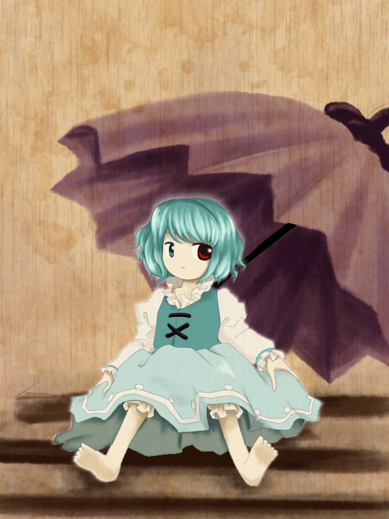 1girl, barefoot, blue_eyes, blue_hair, blue_skirt, blue_vest, closed_mouth, commentary_request