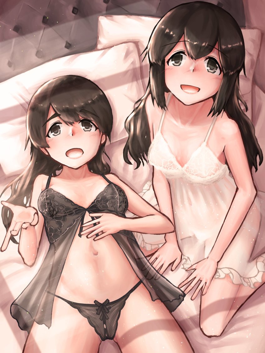 2girls, alternate_hairstyle, babydoll, bed, black_babydoll, black_eyes, black_hair, black_panties, breasts, collarbone, commentary_request, hair_down, highres, isonami_(kancolle), kantai_collection, long_hair, looking_at_viewer, lying, multiple_girls, owada_(kousonhuchi), panties, sitting, small_breasts, smile, underwear, underwear_only, uranami_(kancolle), wariza, white_babydoll