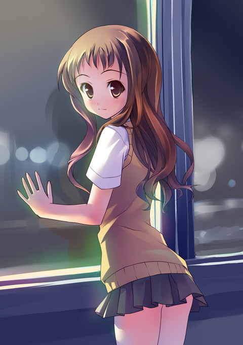00s, long_hair, makita_hime, school_uniform, skirt, solo, sora_no_manimani, sweater_vest